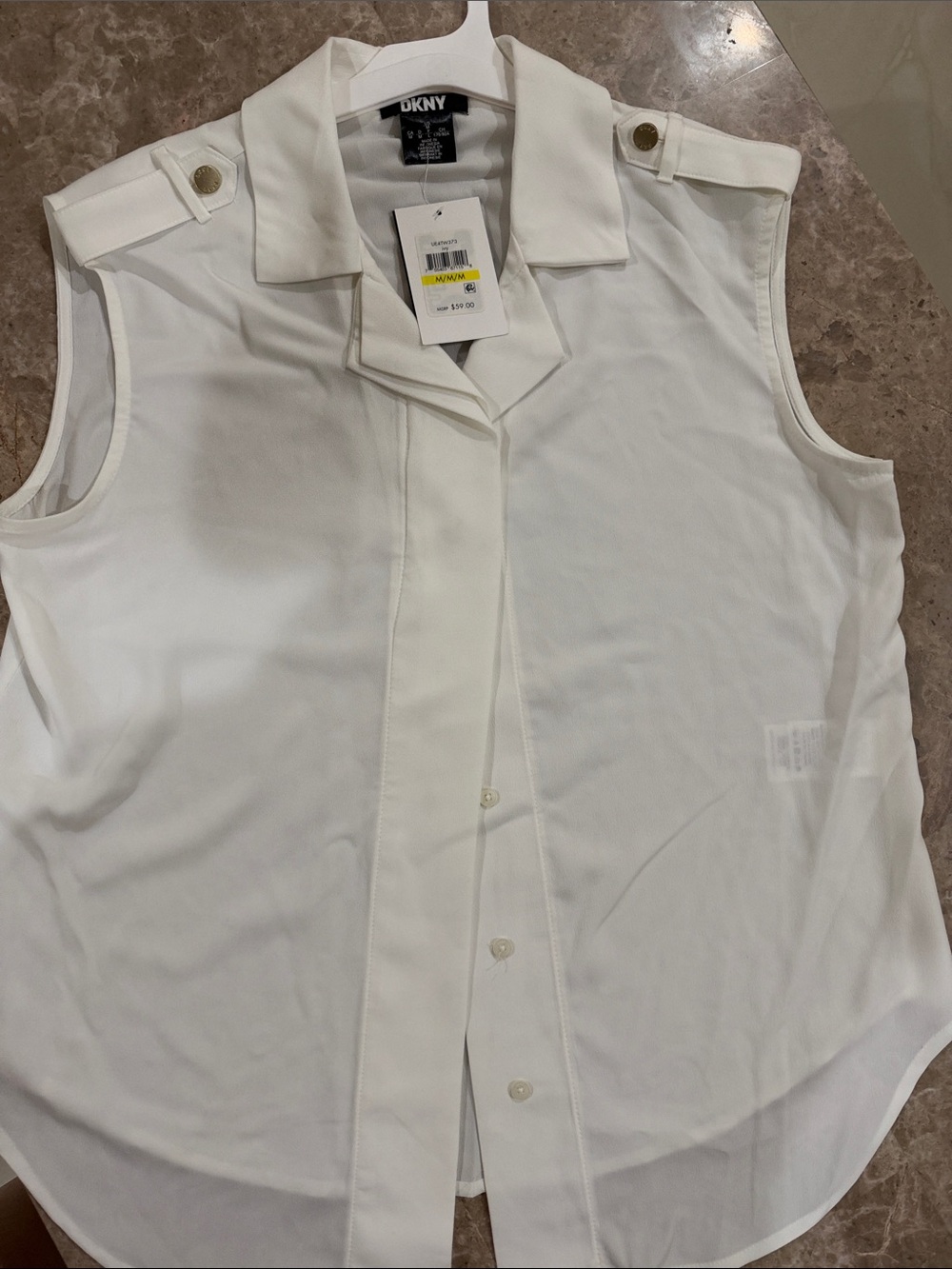 DKNY White Sleeveless Button-Down Shirt with Epaulet Detail